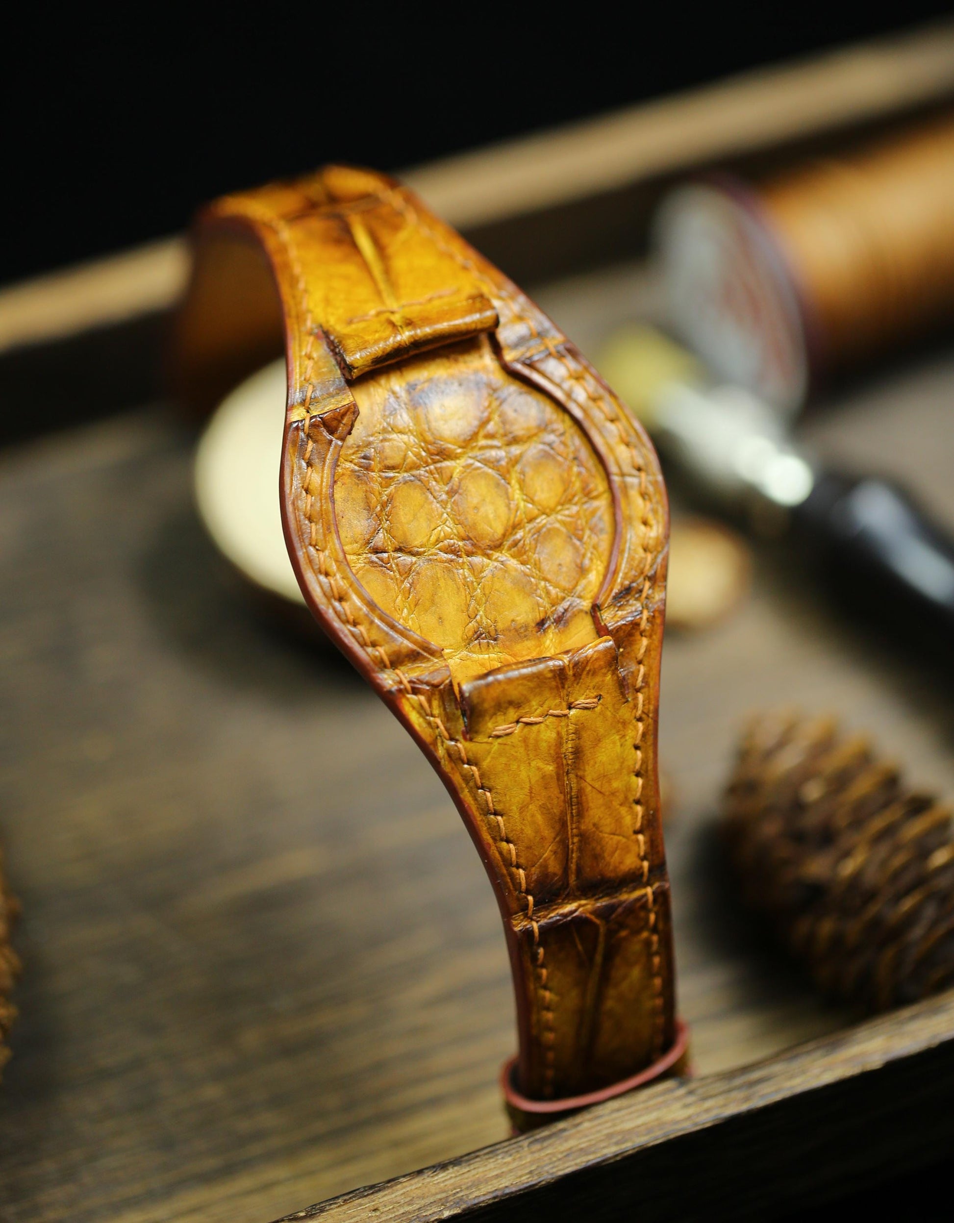 Patina Brown Alligator Leather Bund Strap Waxy Style 20mm 22mm Bund Watch Band 16mm 24mm Leather Watch Band 18mm Watch Strap Watch Cuff Band