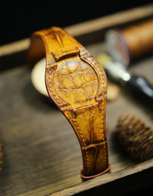 Patina Brown Alligator Leather Bund Strap Waxy Style 20mm 22mm Bund Watch Band 16mm 24mm Leather Watch Band 18mm Watch Strap Watch Cuff Band