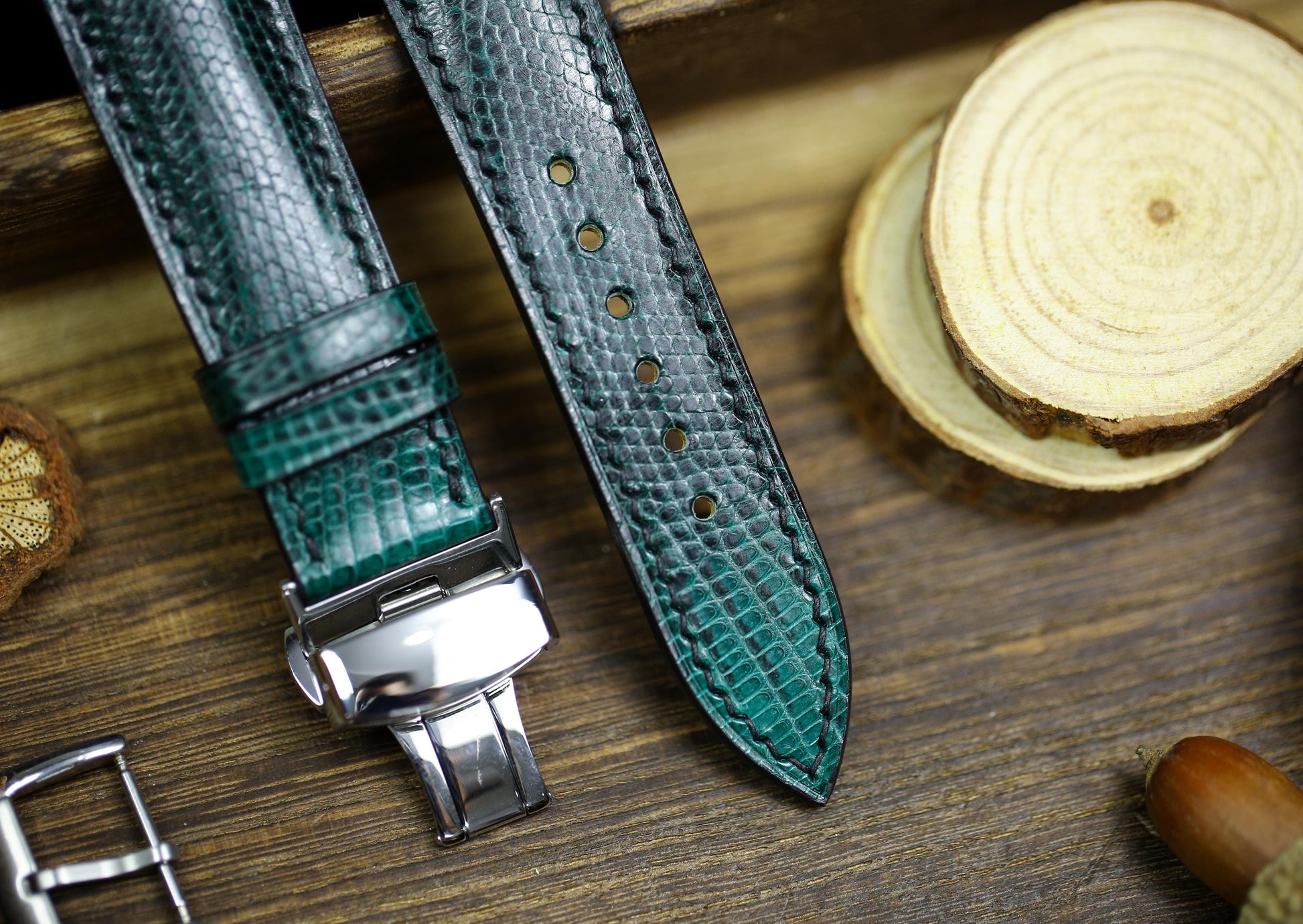 Green Black Lizard Leather Watch Strap 24mm 22mm 20mm Handmade Leather Green Patina Lizard Watch Band Lizard Leather Watch Strap 18mm 16mm