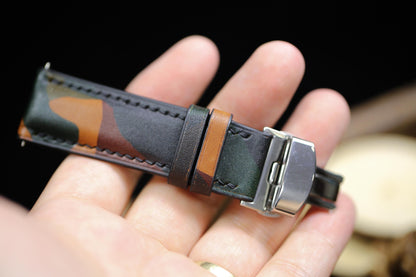 Camouflage Army Leather Watch Strap 24mm 22mm 21mm 20mm 19mm Camo Brown Green Leather Watch Band Clasp Vachetta Leather 18mm 16mm 14mm 12mm